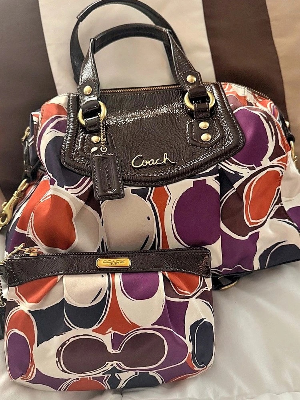 Coach Ashley Scarf Print Satchel Purple & Chocolate Brown with matching wristlet